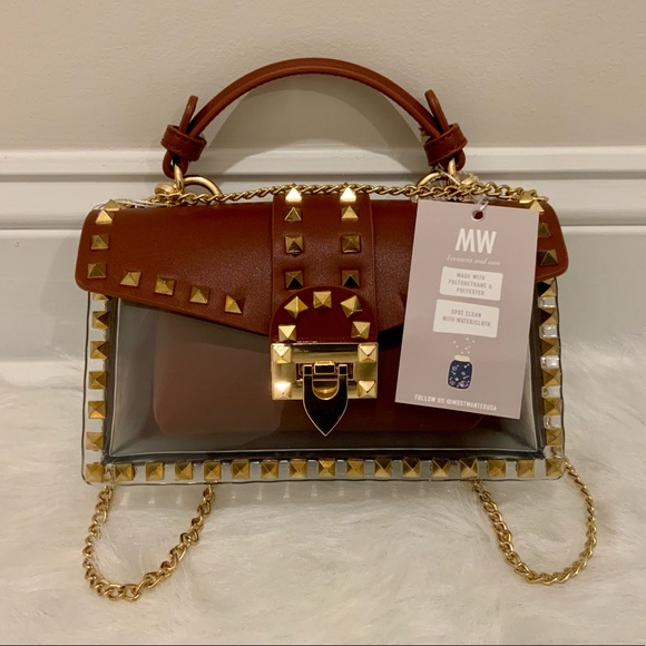 Studded Clear Box Bag – Designer Inspired Brown & Gold Crossbody Purse - Picture 2 of 6